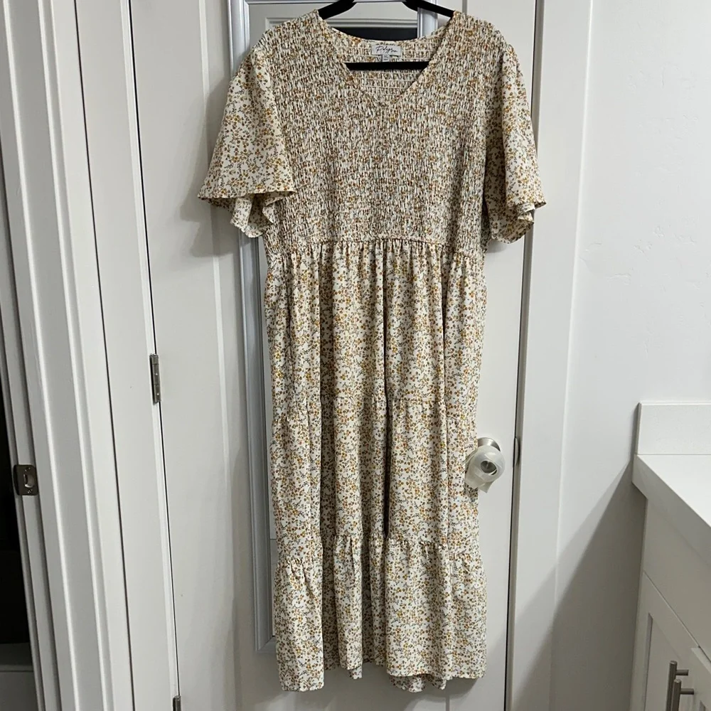 Floral Smocked Midi Dress in Cream and Mustard with pockets - Picture 1 of 1